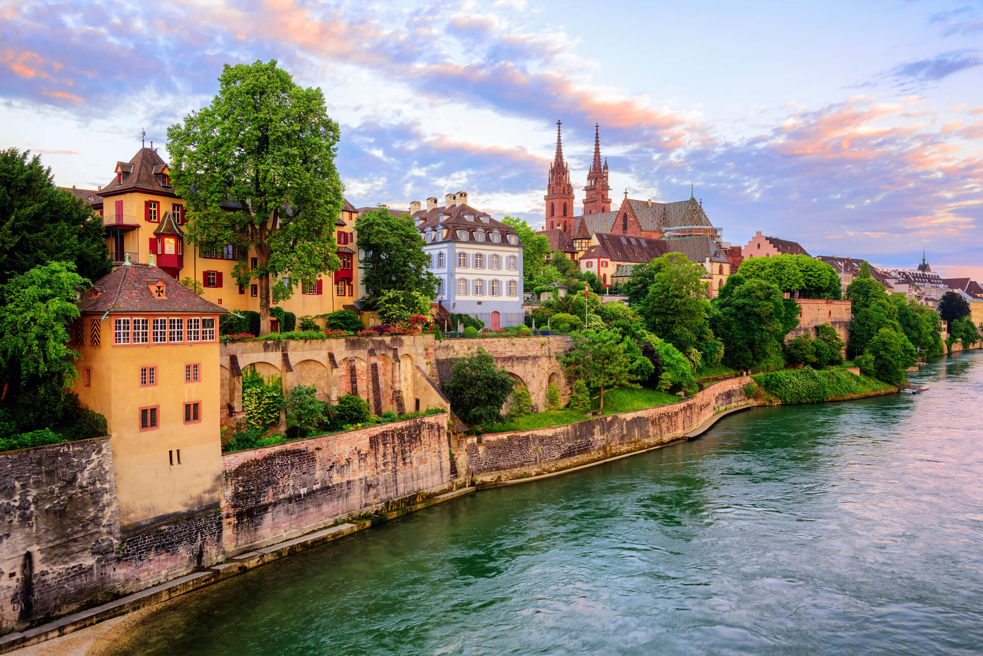 The Old Town of Basel with Red Stone Munster Cathedral